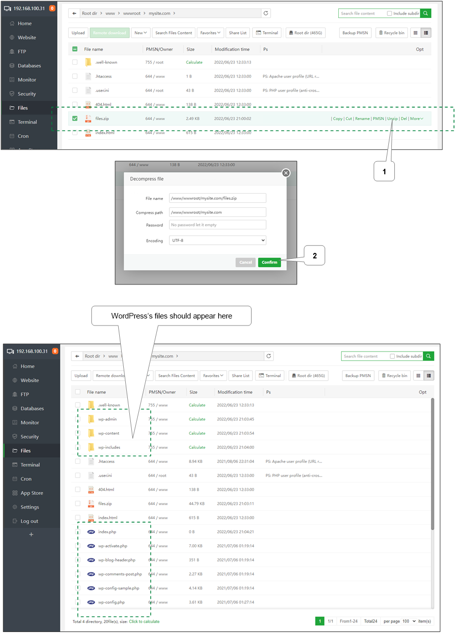 aapanel-files-sitepath-unzip-wpfiles